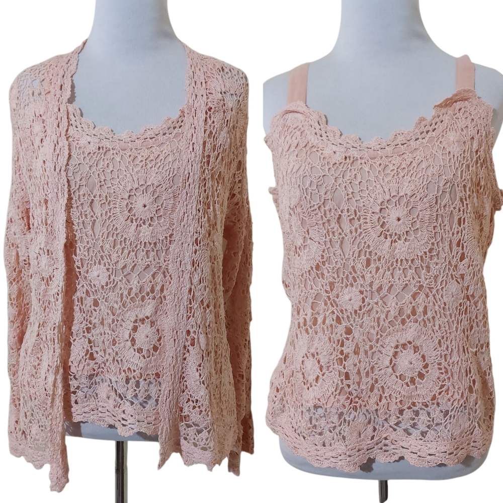 Vintage 90s Marisol Pink Peach Crochet Scalloped Hem Tank & Cardigan 2 Piece Set